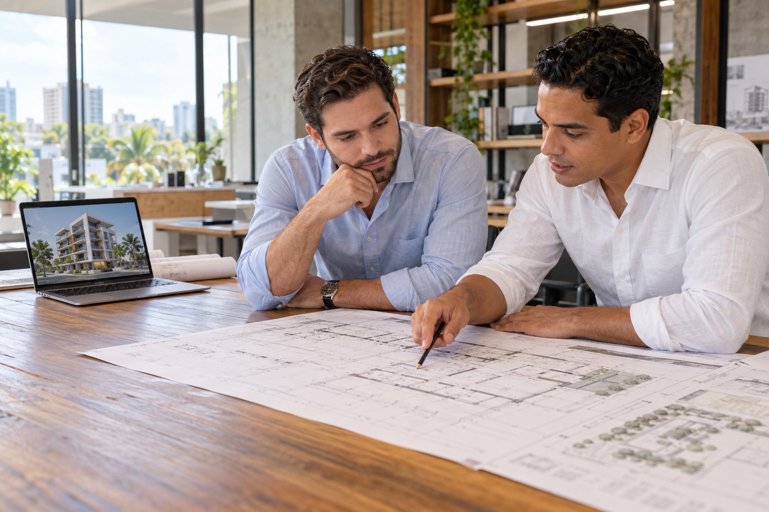 Dos ingenieros revisan los planos de un edificio sobre una mesa de madera; al lado, un portátil muestra su modelo en 3D.